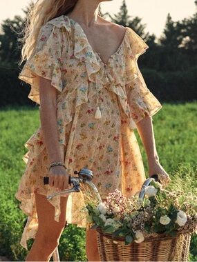 Spell Mini Dress Fleur Flutter Sleeve - Macaroon